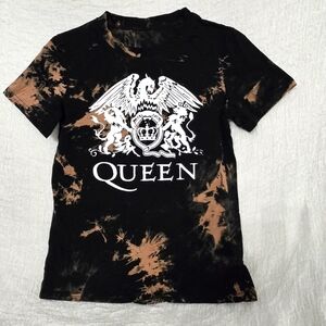 Queen Band T-Shirt Size S Black Bleach Tie‎ Dye Graphic Tee Rock Music